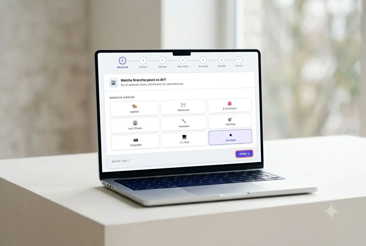 Der Wizard des KI Websitebuilder Pro mit den Fragen zum eigenen Geschäft